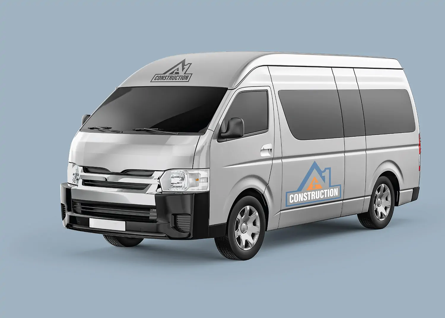 A 3d rendering of a white delivery van with blue and grey "construction" company logos on the side, parked against a light blue background.