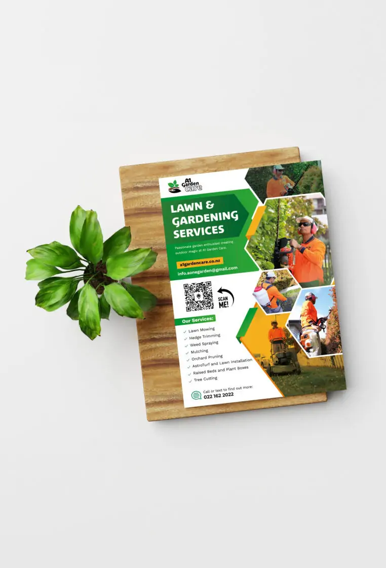 A promotional flyer for lawn and gardening services lies on a white surface with a small green plant beside it. the flyer includes images of gardening activities, text descriptions, and a qr code.