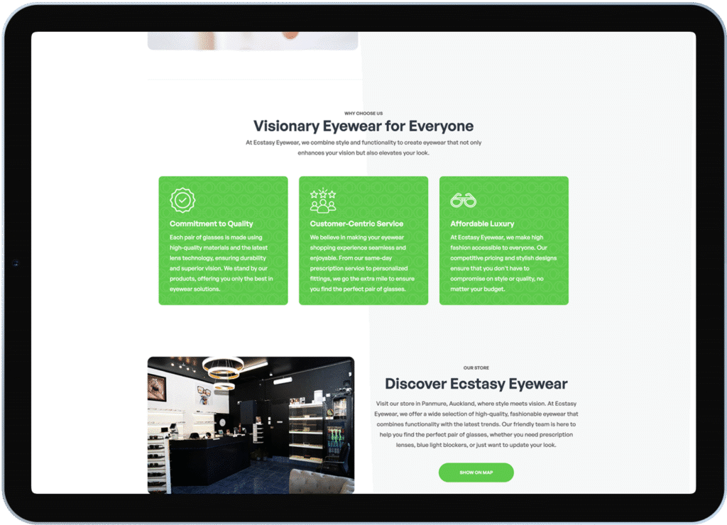 Ecstasy Eyewear ecommerce website design by No Brainer Creative