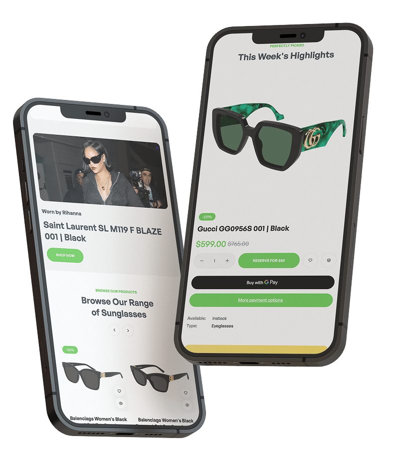 Two smartphones displaying the Ecstasy Eyewear mobile website, showcasing designer sunglasses including Saint Laurent and Gucci styles, with sleek product pages and green call-to-action buttons.