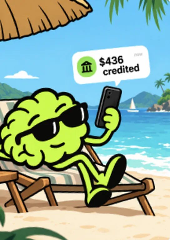 The No Brainer brain mascot relaxing on a beach as a $436 payment comes through