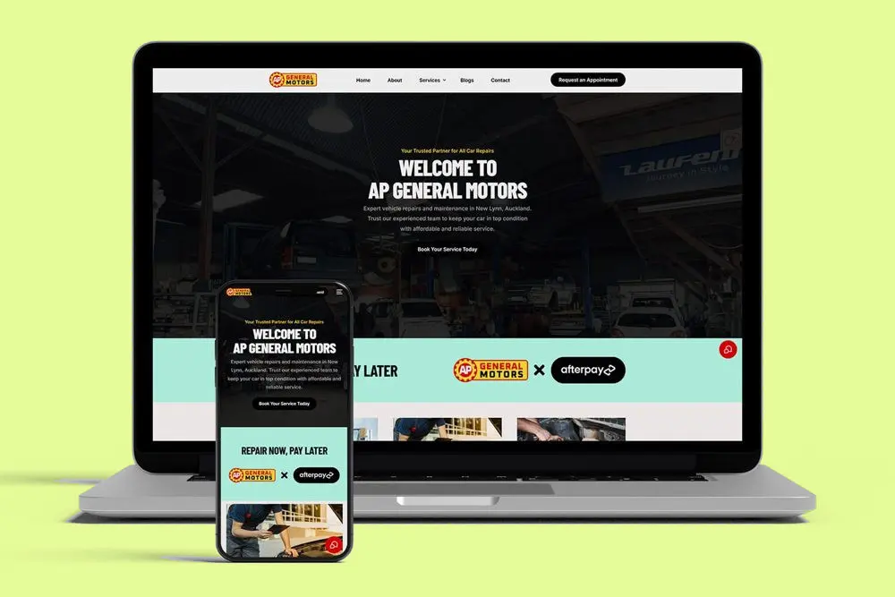 AP General Motors website on a laptop and phone