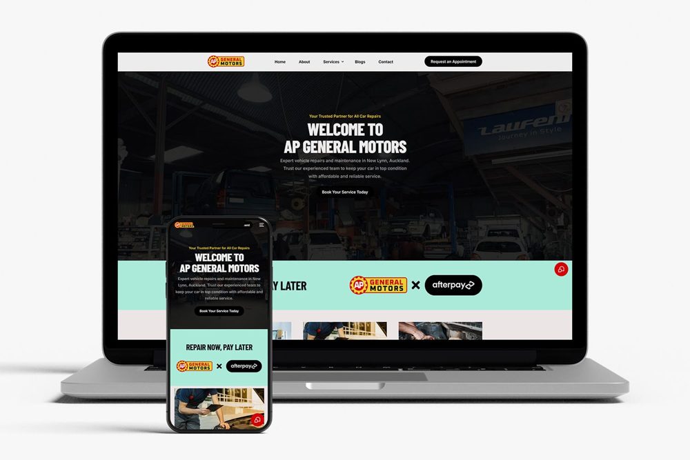 AP General Motors website on a laptop and phone